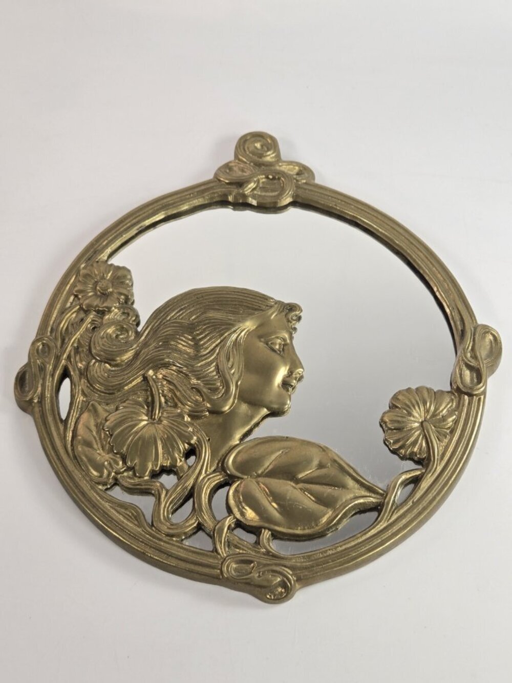 Vintage Brass Mirror Wall Hanging Round Art Nouveau Woman Romantic Feminine